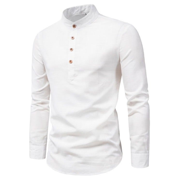 Men's Slim Banded Collar Linen Shirt- Men VK