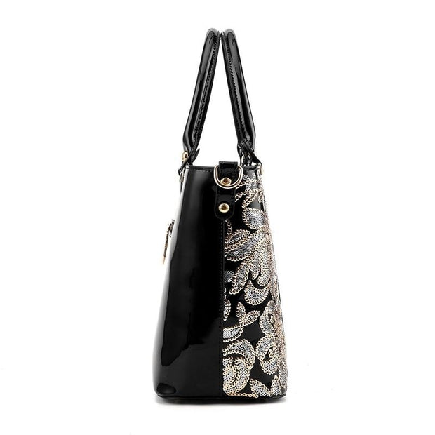 Sequin Embroidery Patent Leather Handbag