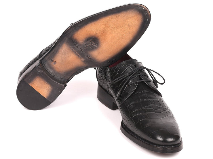 Paul Parkman Black Crocodile Embossed Calfskin Goodyear Welted Derby Shoes (ID#5254BLK)