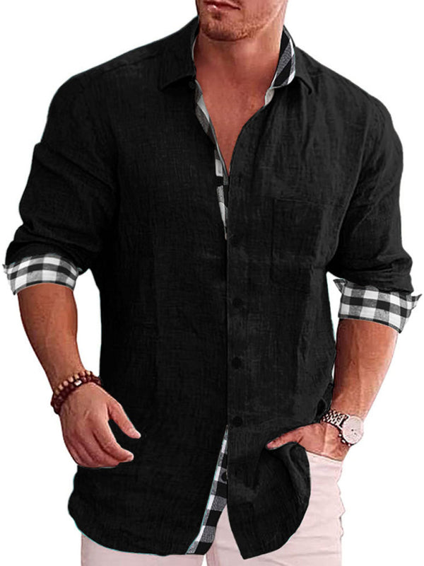 Men Casual Plaid Trim Long Sleeve Button Up Shirt