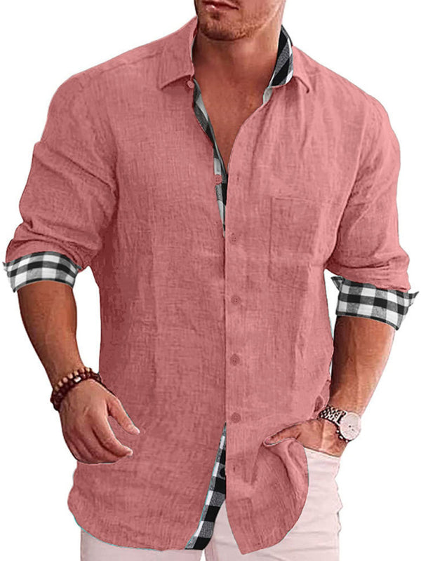 Men Casual Plaid Trim Long Sleeve Button Up Shirt