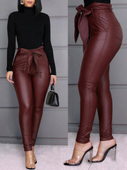 Women Slim Fit Tie Belt Faux Leather Pants - LAVK