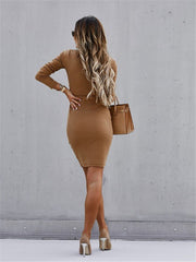 Women's Solid Color Long Sleeve Round Neck Button Dress - 4 Colors