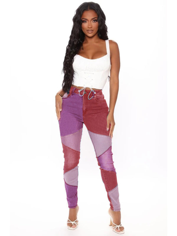 Women High Waist Colorblock Skinny Jeans - LAVK